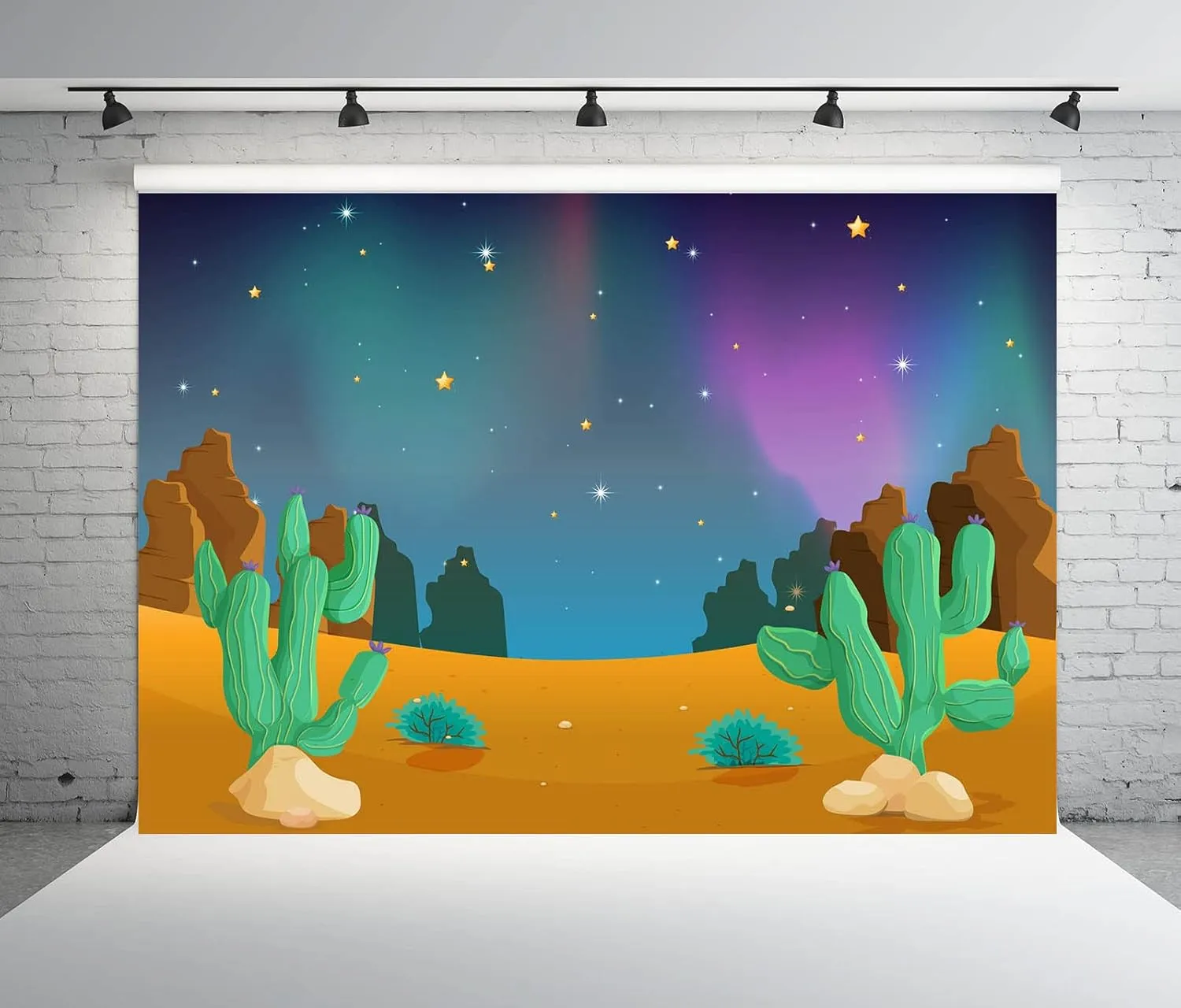 BELECO 6x4ft Fabric Cartoon Desert Night Backdrop for Photography Desert Mountain Scene Cactus Shiny Night Sky Stars Background Outdoor Adventure Camping Desert Party Decorations Kids Photo Props