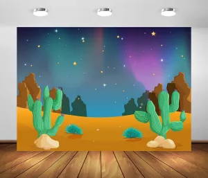 BELECO 6x4ft Fabric Cartoon Desert Night Backdrop for Photography Desert Mountain Scene Cactus Shiny Night Sky Stars Background Outdoor Adventure Camping Desert Party Decorations Kids Photo Props