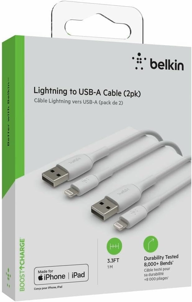 Belkin BoostCharge Lightning Cable 2-Pack - 3.3ft/1M - MFi Certified Apple iPhone Charger USB-A to Lightning - USB Phone Charger Cord - White