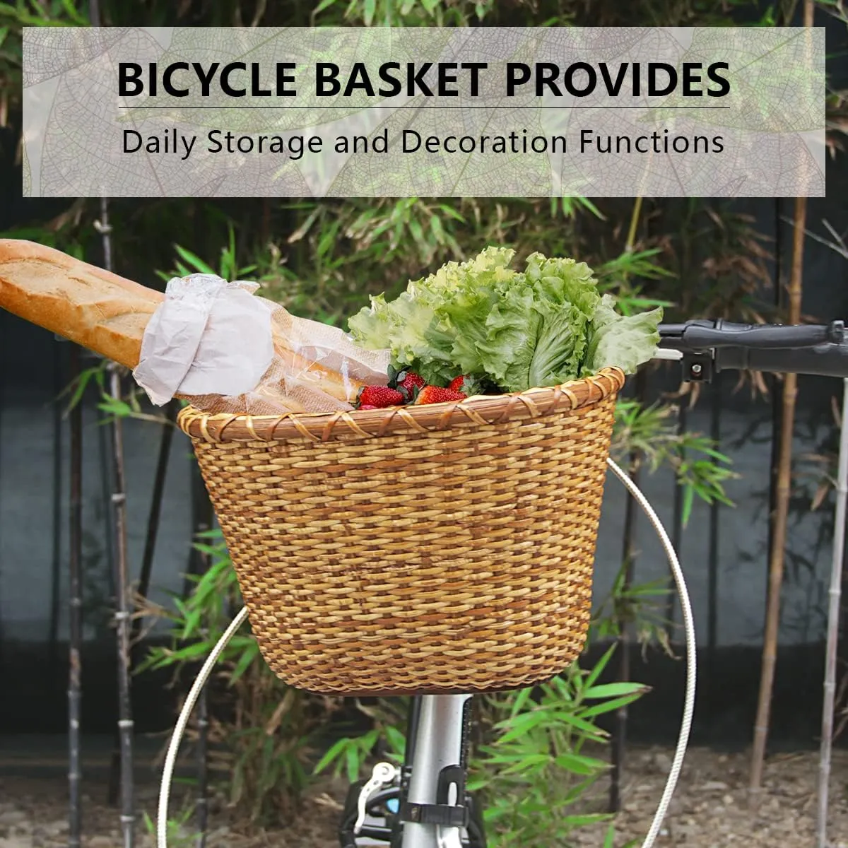 Bike Basket - Cane Woven Handlebar Bicycle Storage with Adjustable Leather Straps and Buckles for Kids and Adults, Suitable for Small or Folding Bikes