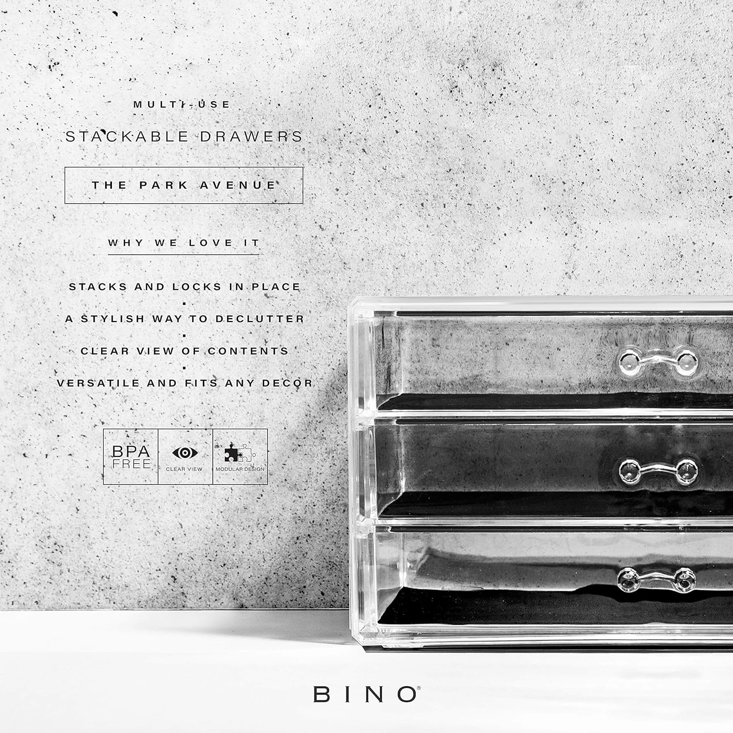 BINO | 3-Drawer Makeup Organizer, Park Avenue | THE MANHATTAN SERIES | Modular Design Storage Drawers | Vanity Acrylic Organizers | Stackable Storage Bins | Clear Makeup Organizers And Storage