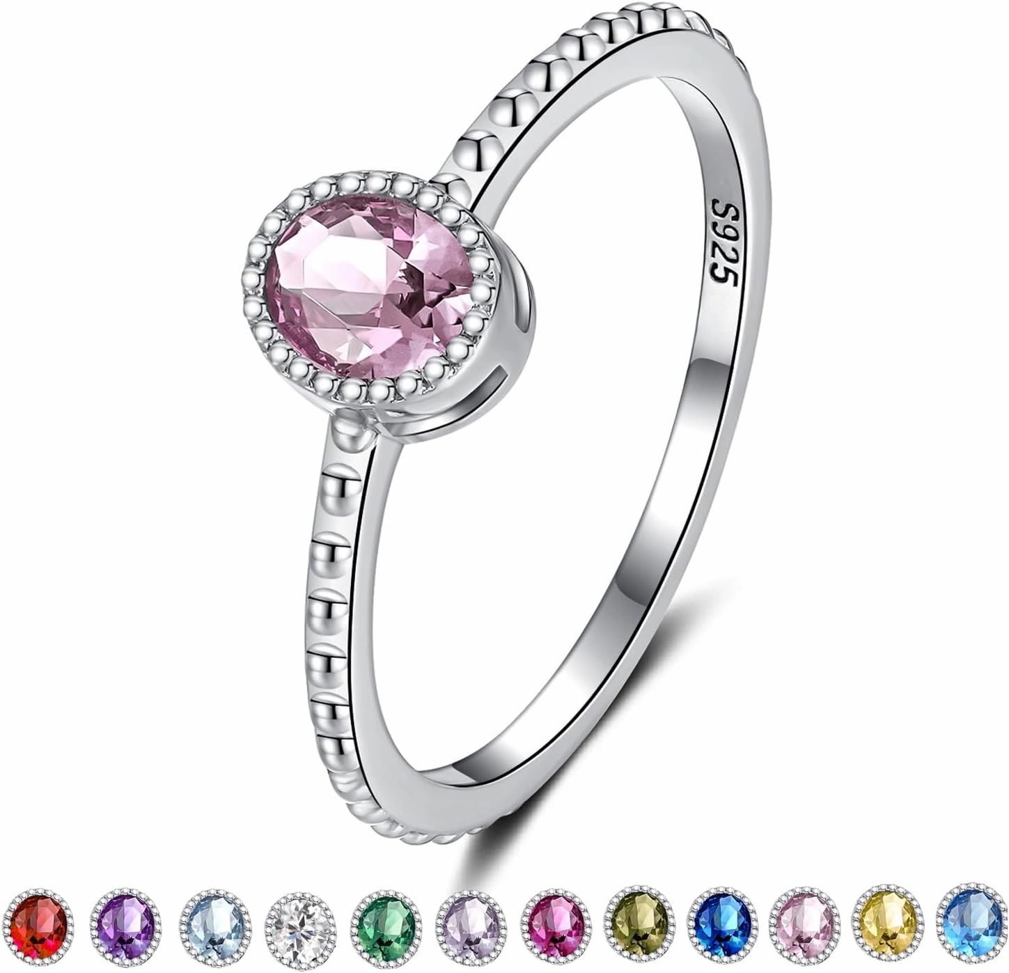 Birthstone Stackable Rings for Women: S925 Sterling Silver Stacking Ring Knuckle Ring with Oval Stone for Mom Wife Friends - Christmas Anniversary Birthday Jewelry Gifts