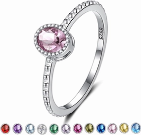 Birthstone Stackable Rings for Women: S925 Sterling Silver Stacking Ring Knuckle Ring with Oval Stone for Mom Wife Friends - Christmas Anniversary Birthday Jewelry Gifts