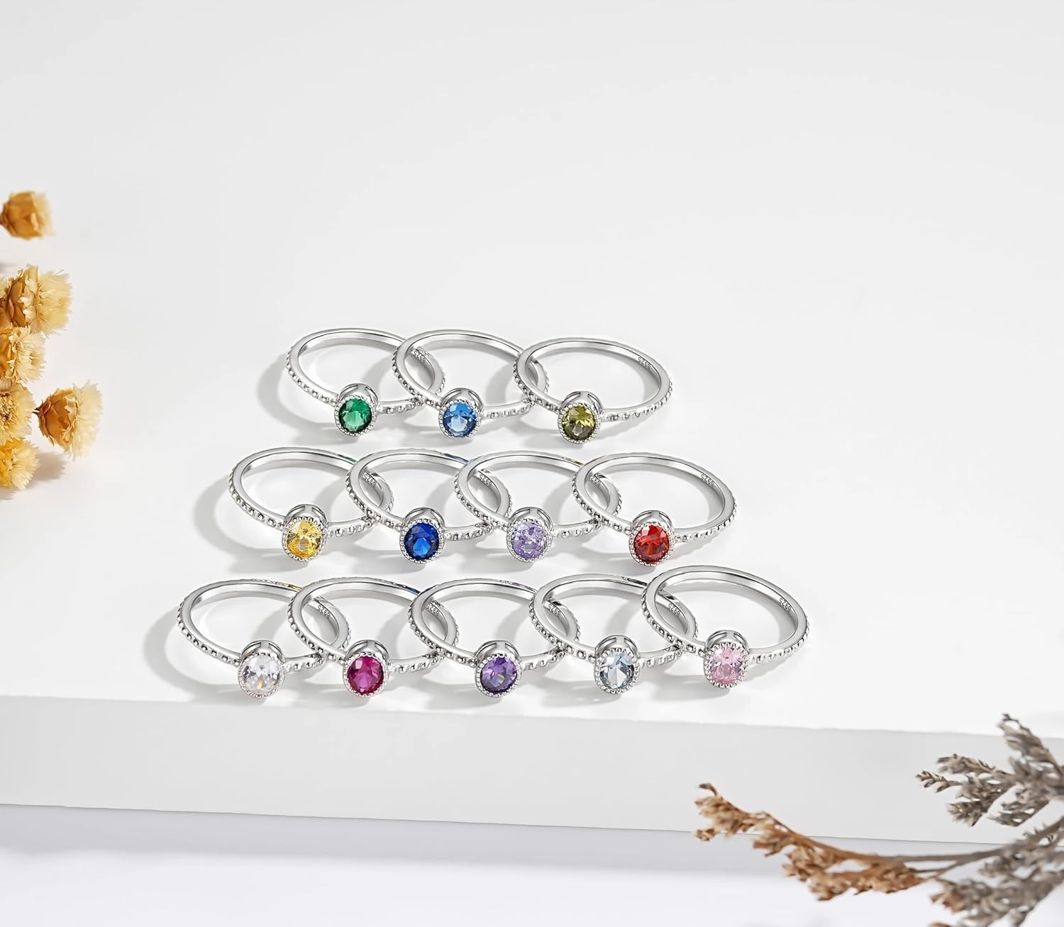 Birthstone Stackable Rings for Women: S925 Sterling Silver Stacking Ring Knuckle Ring with Oval Stone for Mom Wife Friends - Christmas Anniversary Birthday Jewelry Gifts