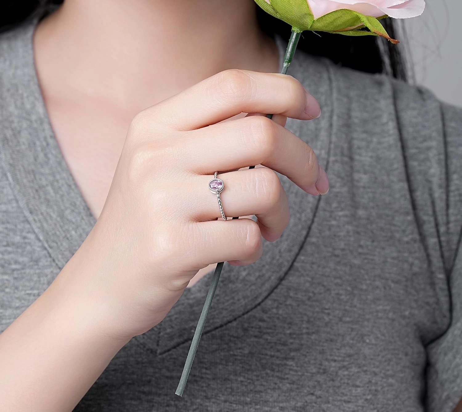 Birthstone Stackable Rings for Women: S925 Sterling Silver Stacking Ring Knuckle Ring with Oval Stone for Mom Wife Friends - Christmas Anniversary Birthday Jewelry Gifts