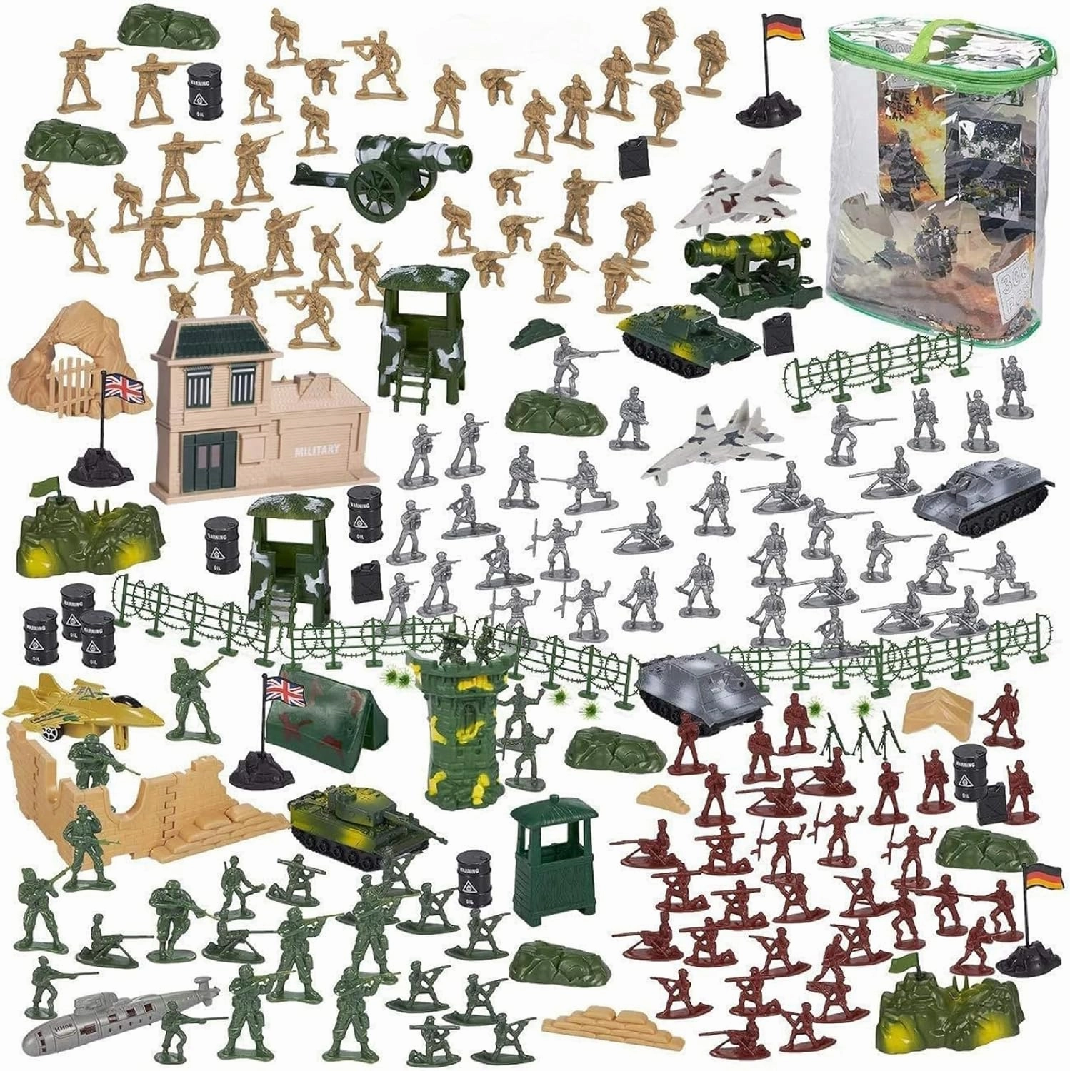 Blue Panda 300-Piece Military Toys Set - Plastic Army Men Action Figures & Toy Soldiers Playset with Tanks, Planes, Flags & Accessories for Boys Age 8 