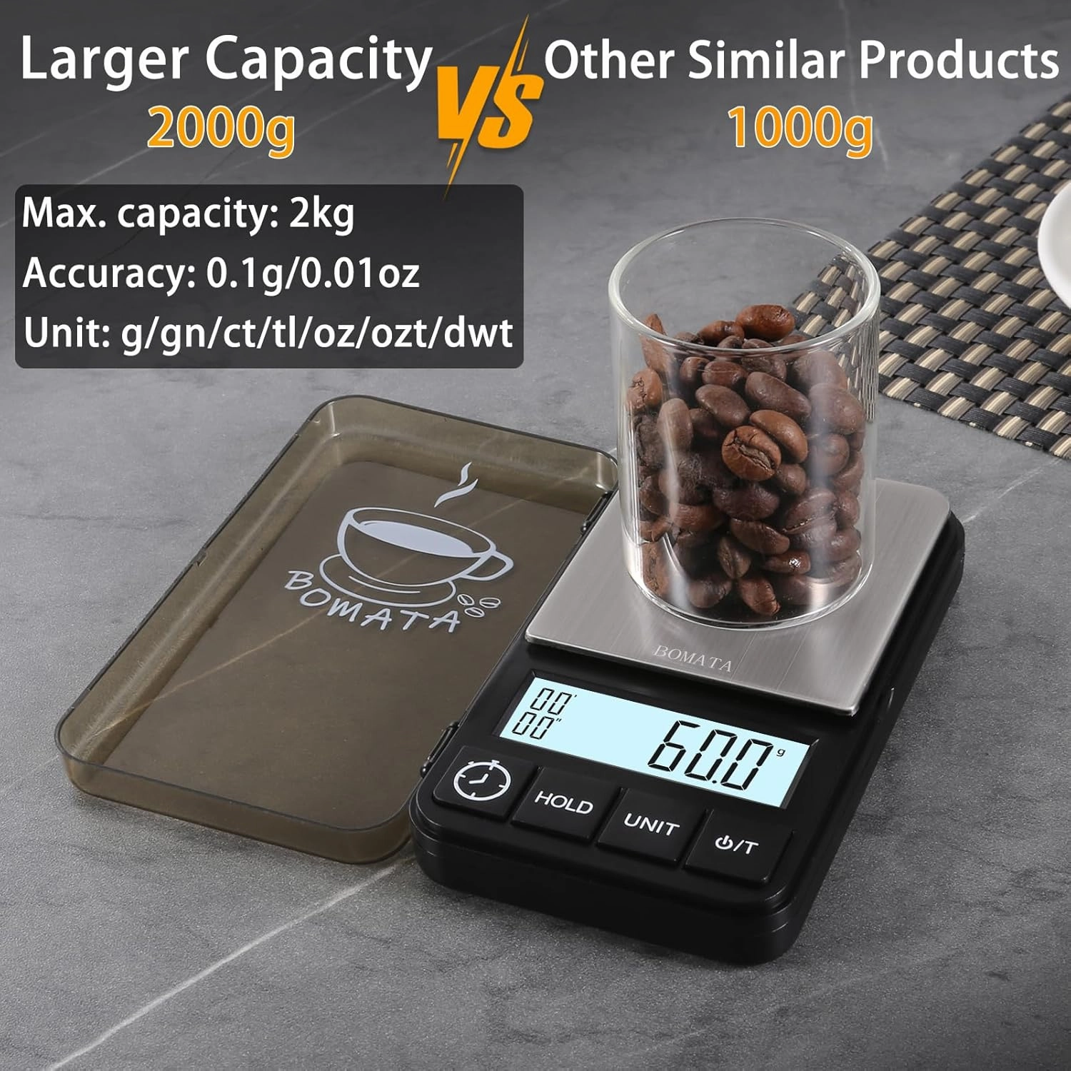 BOMATA Upgraded 2000 g x 0.1 g Espresso Scale with Timer, Small & Thin Mini Digital Travel Pocket Coffee Scale, Grams and Ounces with Silicone Mat, High Precision.. CS150 0.1 g