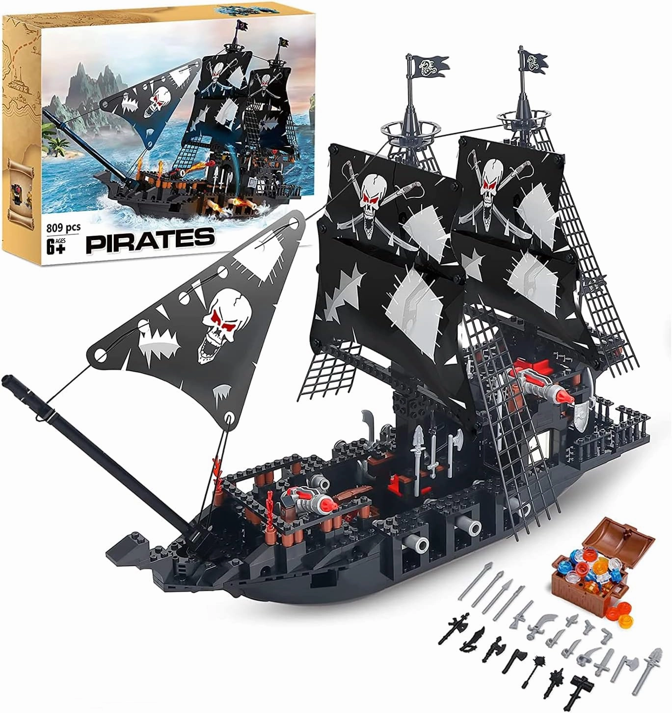 BRICK STORY 809-Piece Black Pirate Ship Building Set with Mini Figures for Kids Age 8 