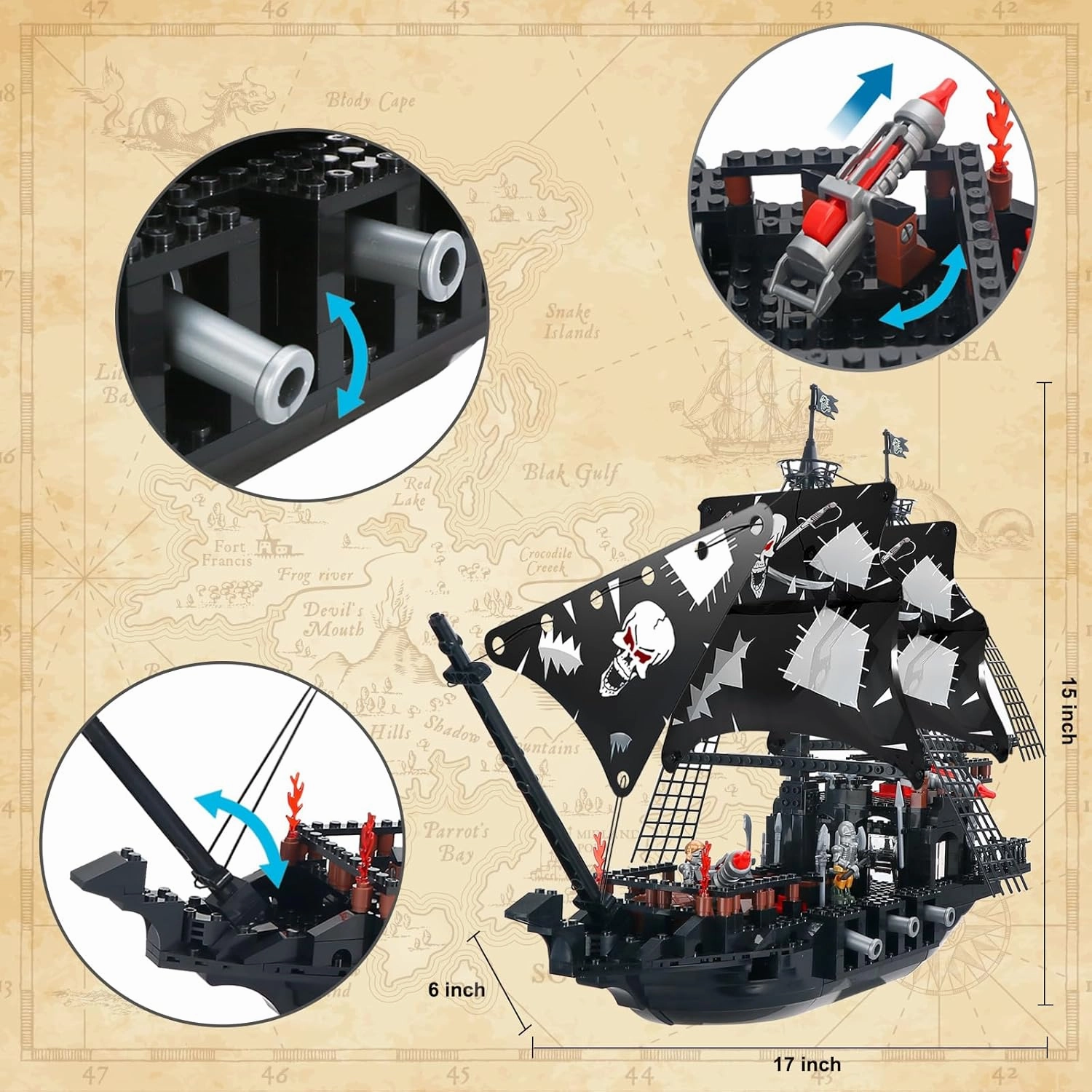 BRICK STORY 809-Piece Black Pirate Ship Building Set with Mini Figures for Kids Age 8 