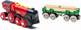 Brio World 33592 Mighty Red Action Locomotive | Battery Operated Toy Train with Light and Sound Effects & World - 33696 Lumber Loading Wagon | 4 Piece Train Toy for Kids Ages 3 and Up - Red