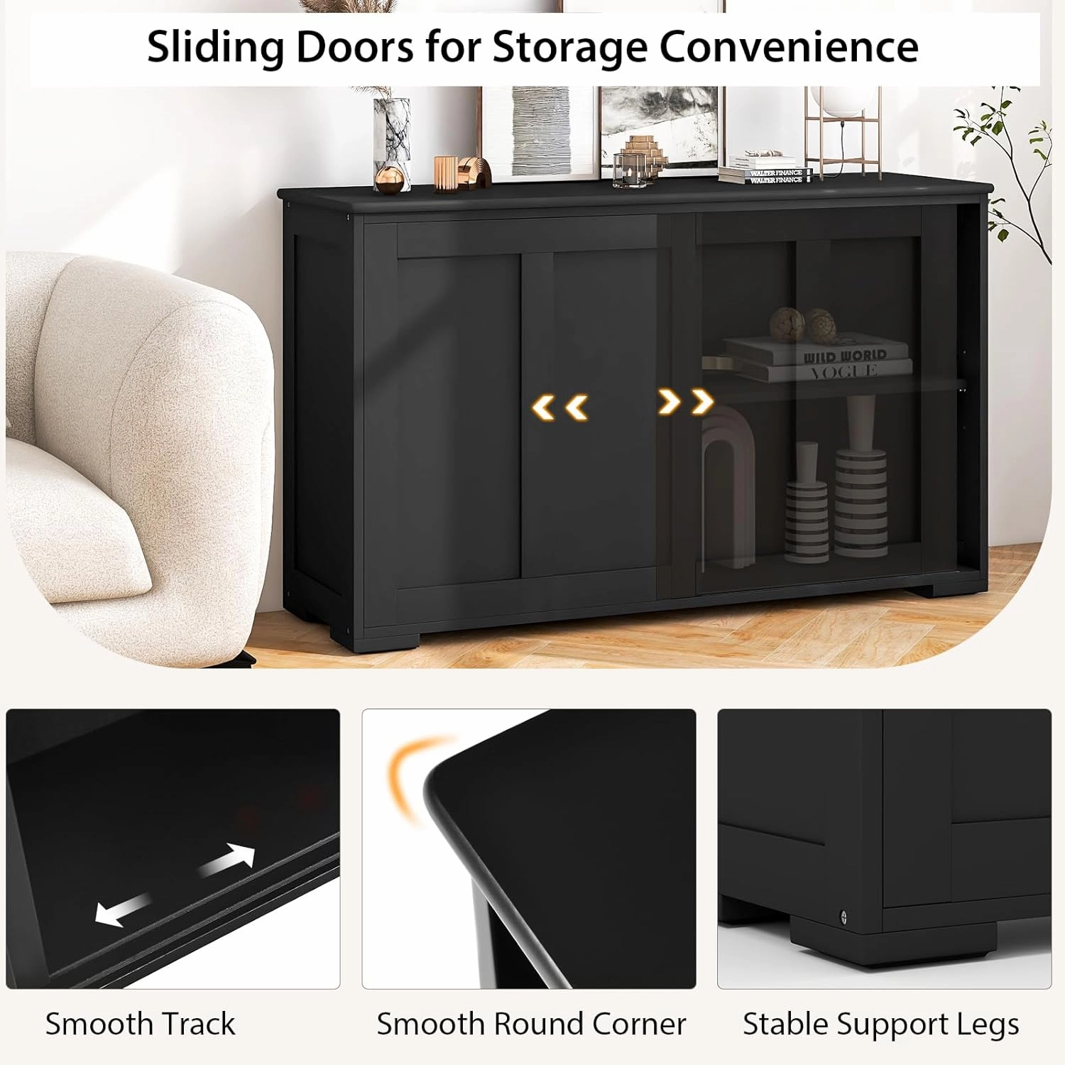 Buffet Cabinet Sideboard, Wood Storage Credenza Cupboard with Adjustable Shelf & 2 Sliding Doors, Stackable Coffee Bar Cabinet Console Table for Dining Room, Living Room, Kitchen (1, Black)