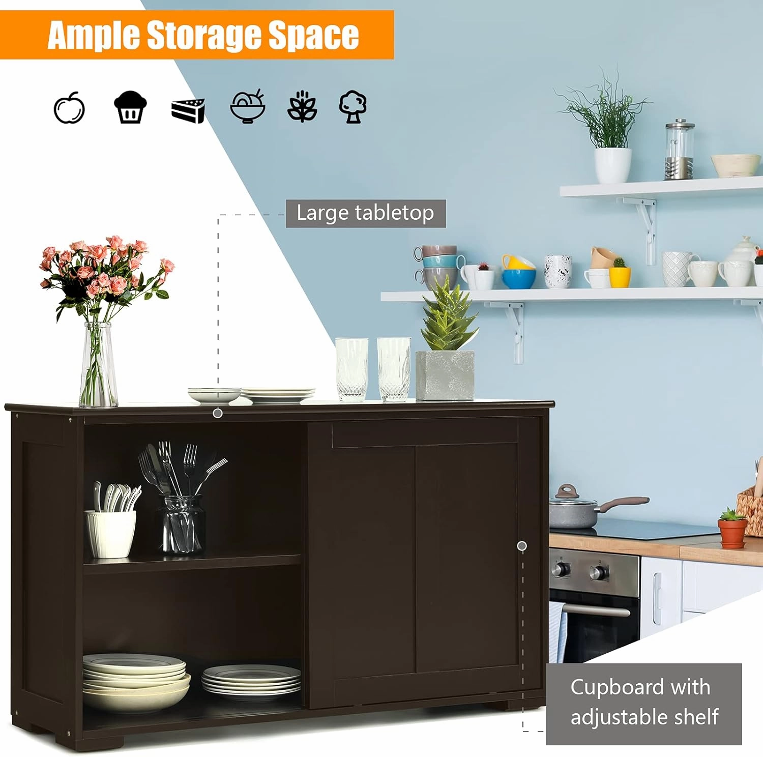 Buffet Cabinet Sideboard, Wood Storage Credenza Cupboard with Adjustable Shelf & 2 Sliding Doors, Stackable Coffee Bar Cabinet Console Table for Dining Room, Living Room, Kitchen (1, Black)