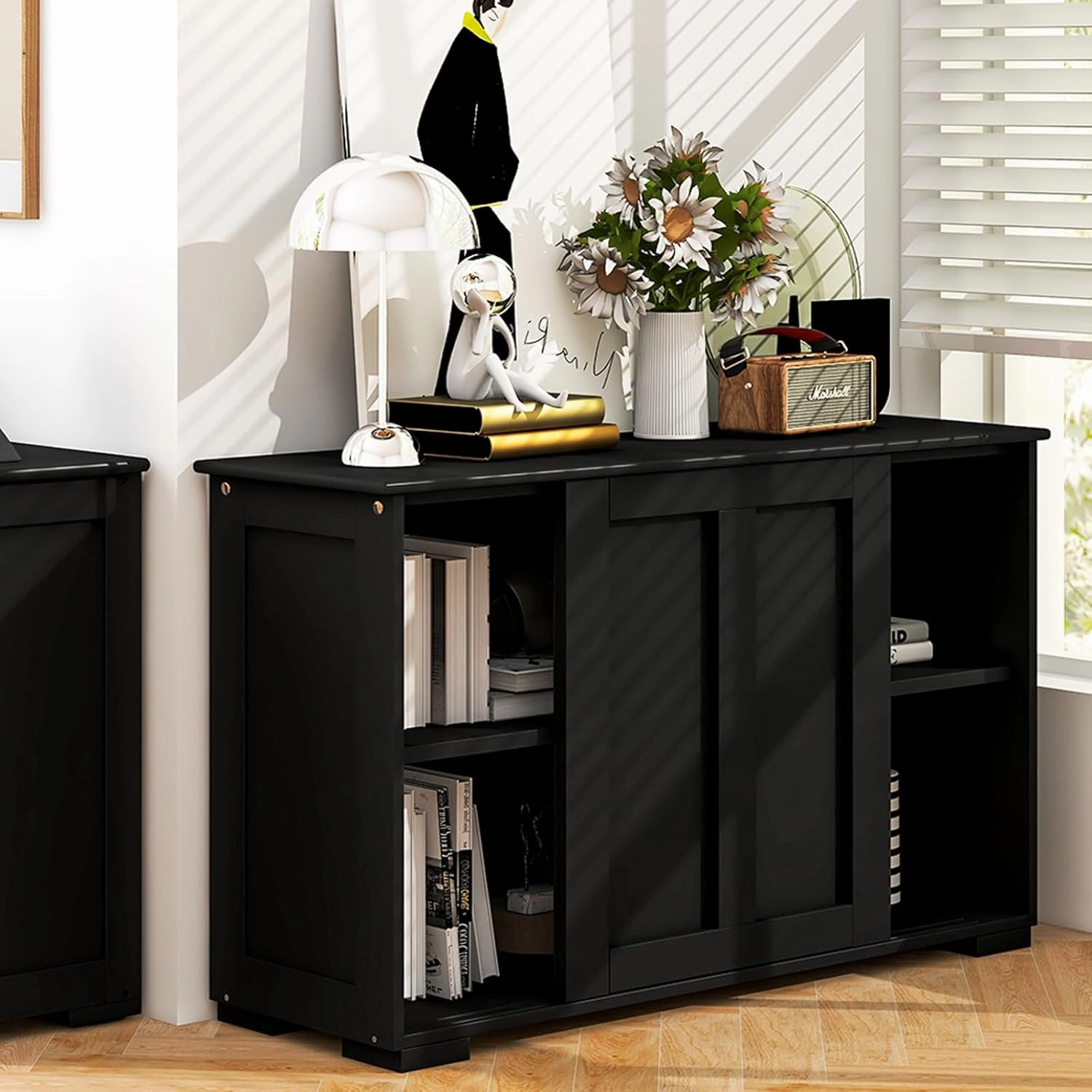 Buffet Cabinet Sideboard, Wood Storage Credenza Cupboard with Adjustable Shelf & 2 Sliding Doors, Stackable Coffee Bar Cabinet Console Table for Dining Room, Living Room, Kitchen (1, Black)