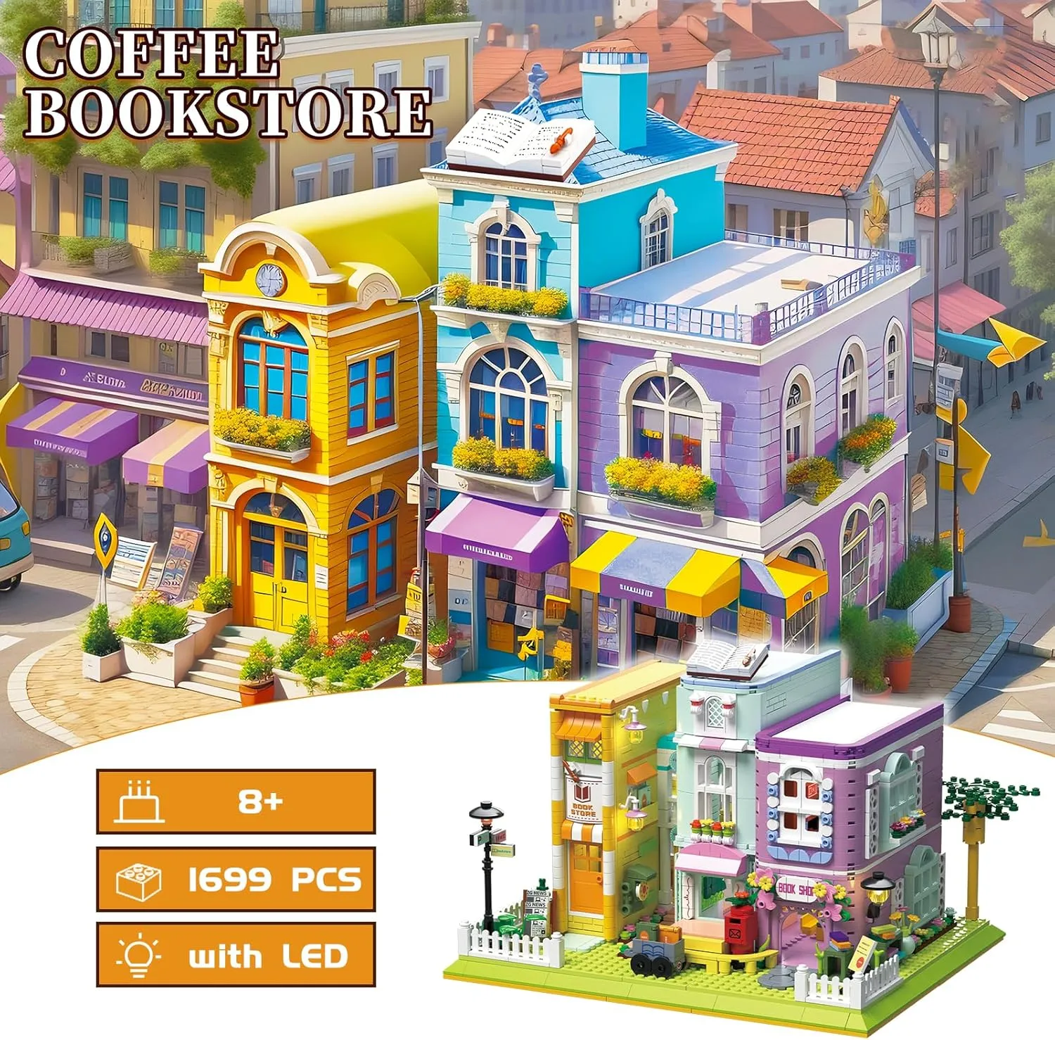 Building Block Set, Coffee Bookstore Small Bricks Model Kit, Creative Construction City Street Display, Hobbies Christmas Birthday Gift for Adults Children Teens Boys Girls 8  1699 PCS