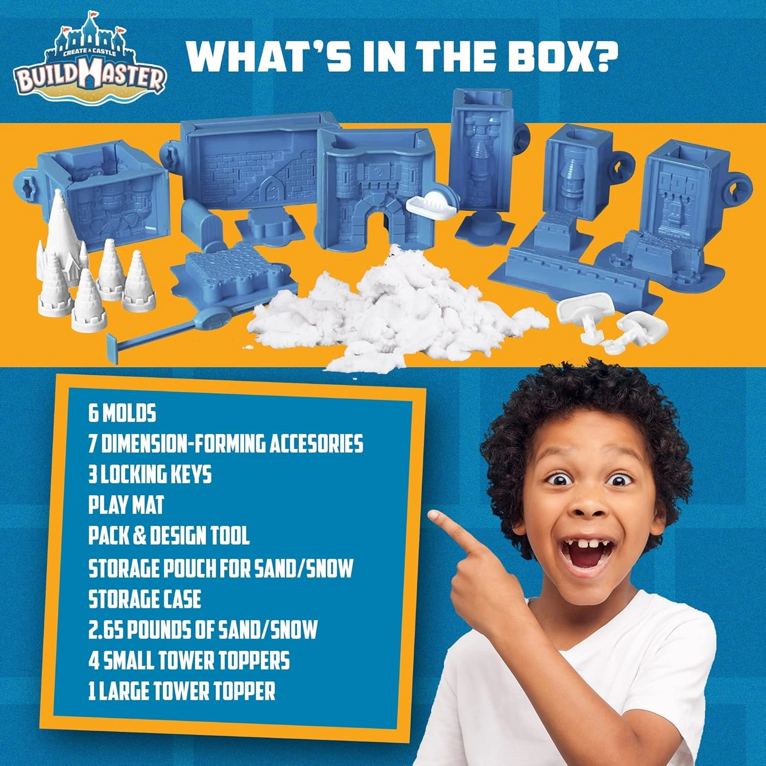 BuildMaster Castle Magic Snow Toy Set, 25 Pieces, 2.65 lbs Sensory Play Snow and Playmat, STEM Activity