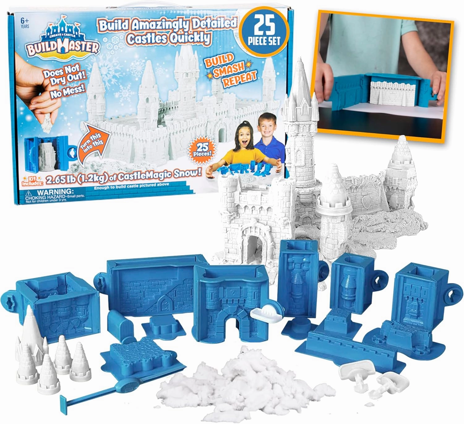 BuildMaster Castle Magic Snow Toy Set, 25 Pieces, 2.65 lbs Sensory Play Snow and Playmat, STEM Activity