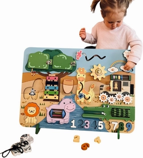 Busilly Safari Montessori Activity Board for Toddlers & Babies, Sensory Board, Activity Cube, Wooden Development & Educational Toys