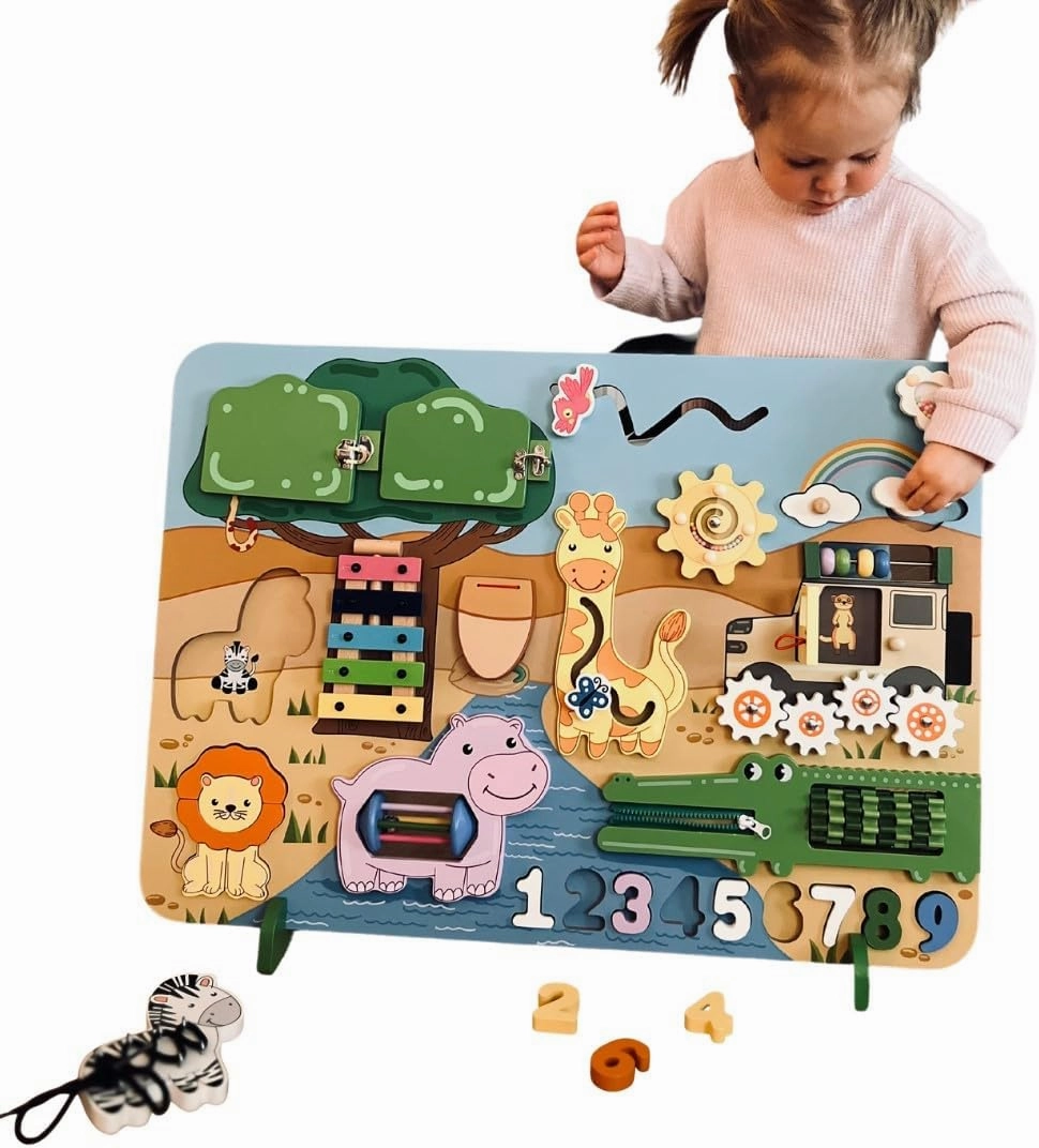 Busilly Safari Montessori Activity Board for Toddlers & Babies, Sensory Board, Activity Cube, Wooden Development & Educational Toys