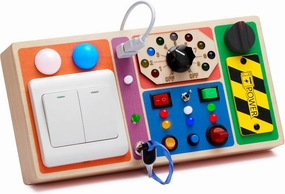Busy Board with 19 LED Light, Wooden Sensory Switches Board Toy, Toddlers Activity Travel Montessori Toys for 1 2 3 Year Old Boys Girls Birthday Gift