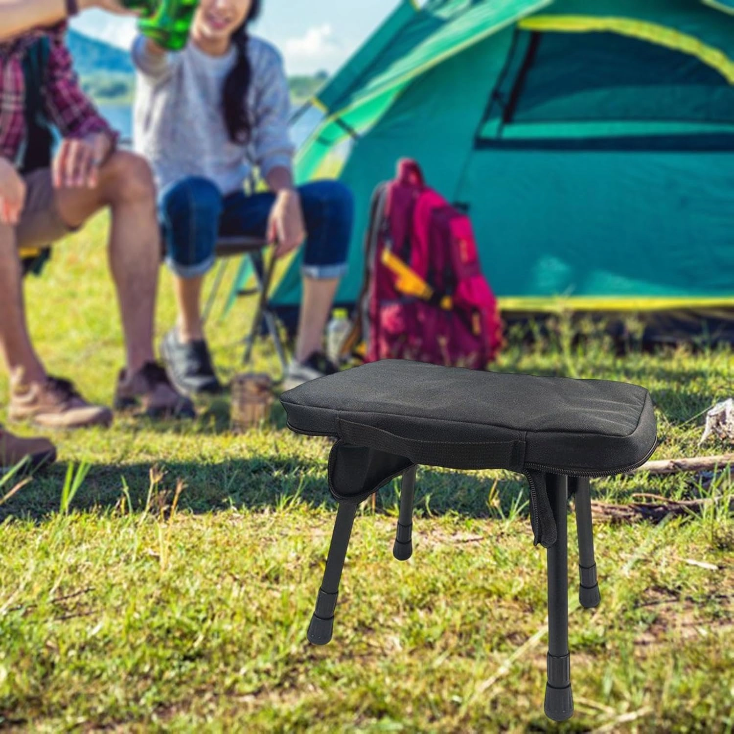 Camping Stool Small Folding Chair with Zipper Handbag Recliner Foot Rest Portable Folding Stool Fishing Chair for Patio Beach, Black