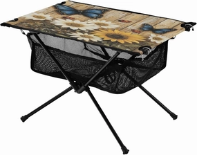 Camping Table Lightweight Portable Folding Table with Mesh Storage Net Butterfly Flower Wooden Board Ideal for Camping Hiking Beach Picnic Travel Backyard