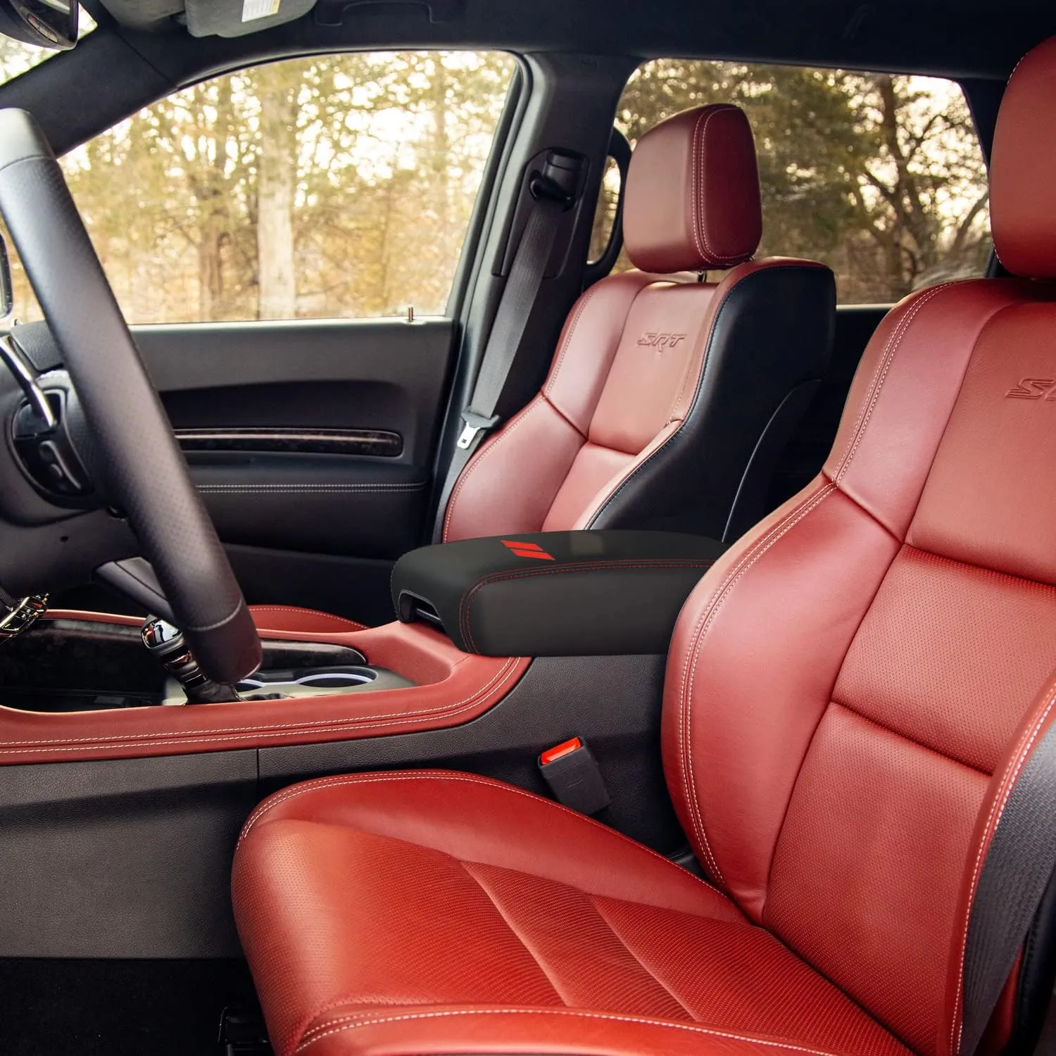Car Center Console Armrest Cover for Dodge Durango 2011 2012 2013 2014 2015 2016 2017 2018 2019 2020 Leather Anti-Scratch Central Box Lid Protector Cushion Interior Accessories-Red Stitches