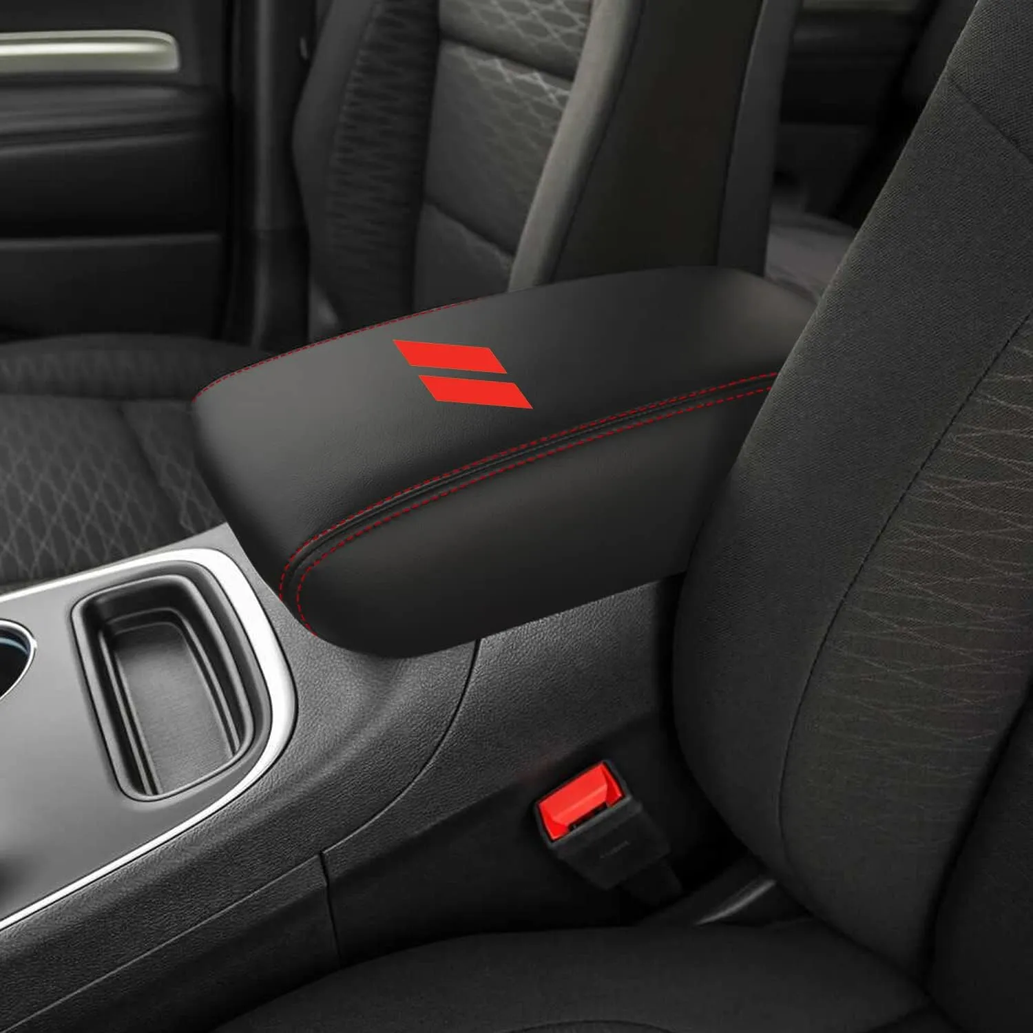 Car Center Console Armrest Cover for Dodge Durango 2011 2012 2013 2014 2015 2016 2017 2018 2019 2020 Leather Anti-Scratch Central Box Lid Protector Cushion Interior Accessories-Red Stitches