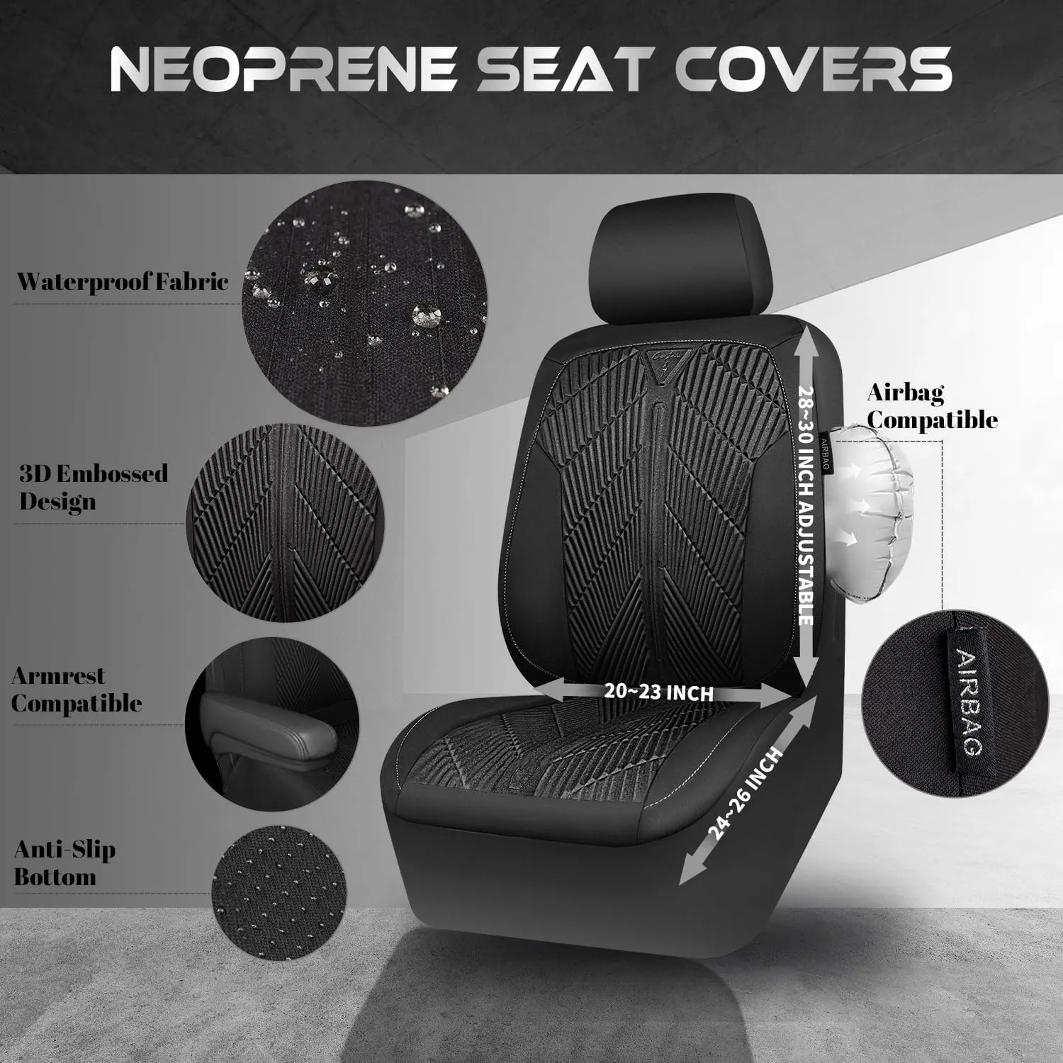 CAR PASS Waterproof Car seat Covers Front Seats Covers Neoprene Wetsuit, All-Weather Non-Slip Durable, Universal Fit for SUV Sedans Trucks Vans Automotive, Armrest Airbag Compatible, Emboss 2 Black
