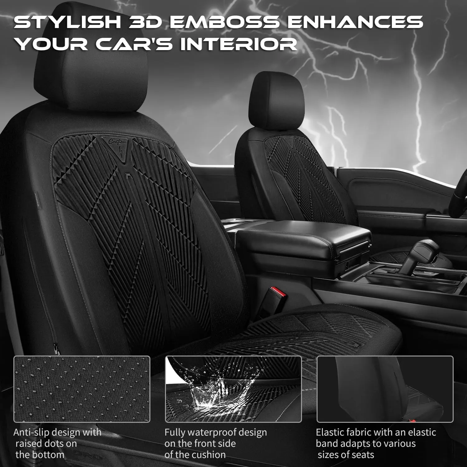 CAR PASS Waterproof Car seat Covers Front Seats Covers Neoprene Wetsuit, All-Weather Non-Slip Durable, Universal Fit for SUV Sedans Trucks Vans Automotive, Armrest Airbag Compatible, Emboss 2 Black