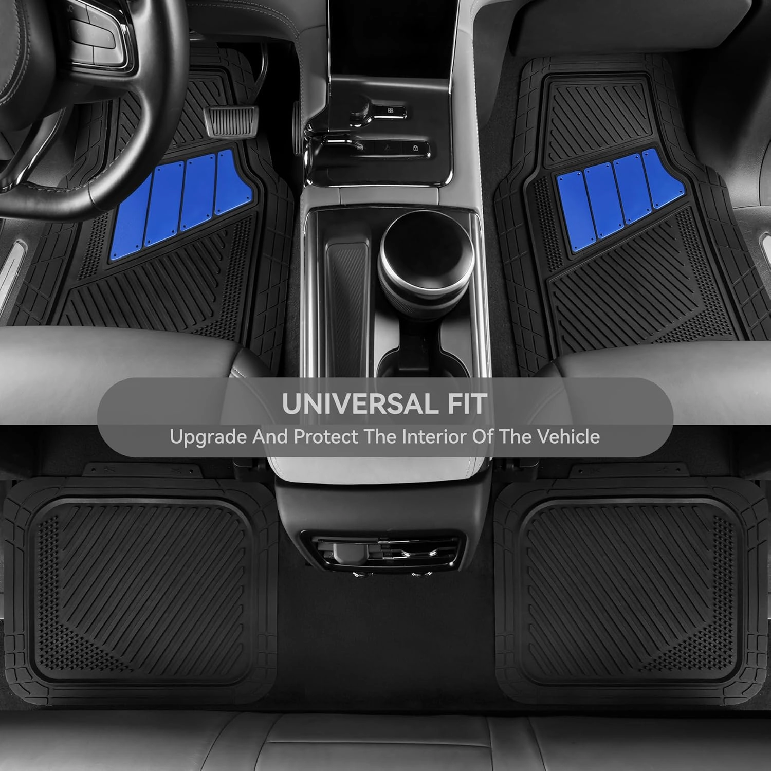 CAR PASS Heavy Duty Rubber Floor Mats 4-Piece Car Mat Set - Universal Waterproof Trim to Fit Floor Mats for Car Sedan SUV Coupe Auto, odorless Durable All-Weather Automotive Mats (Black & Royal Blue)