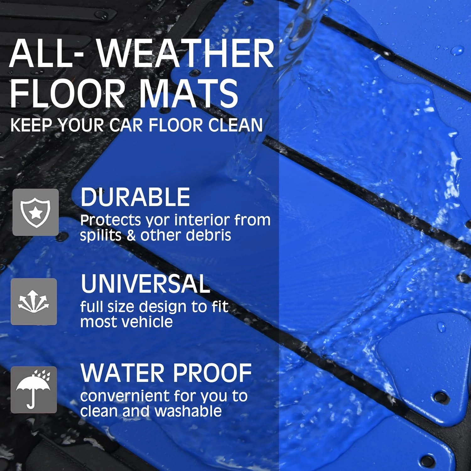 CAR PASS Heavy Duty Rubber Floor Mats 4-Piece Car Mat Set - Universal Waterproof Trim to Fit Floor Mats for Car Sedan SUV Coupe Auto, odorless Durable All-Weather Automotive Mats (Black & Royal Blue)