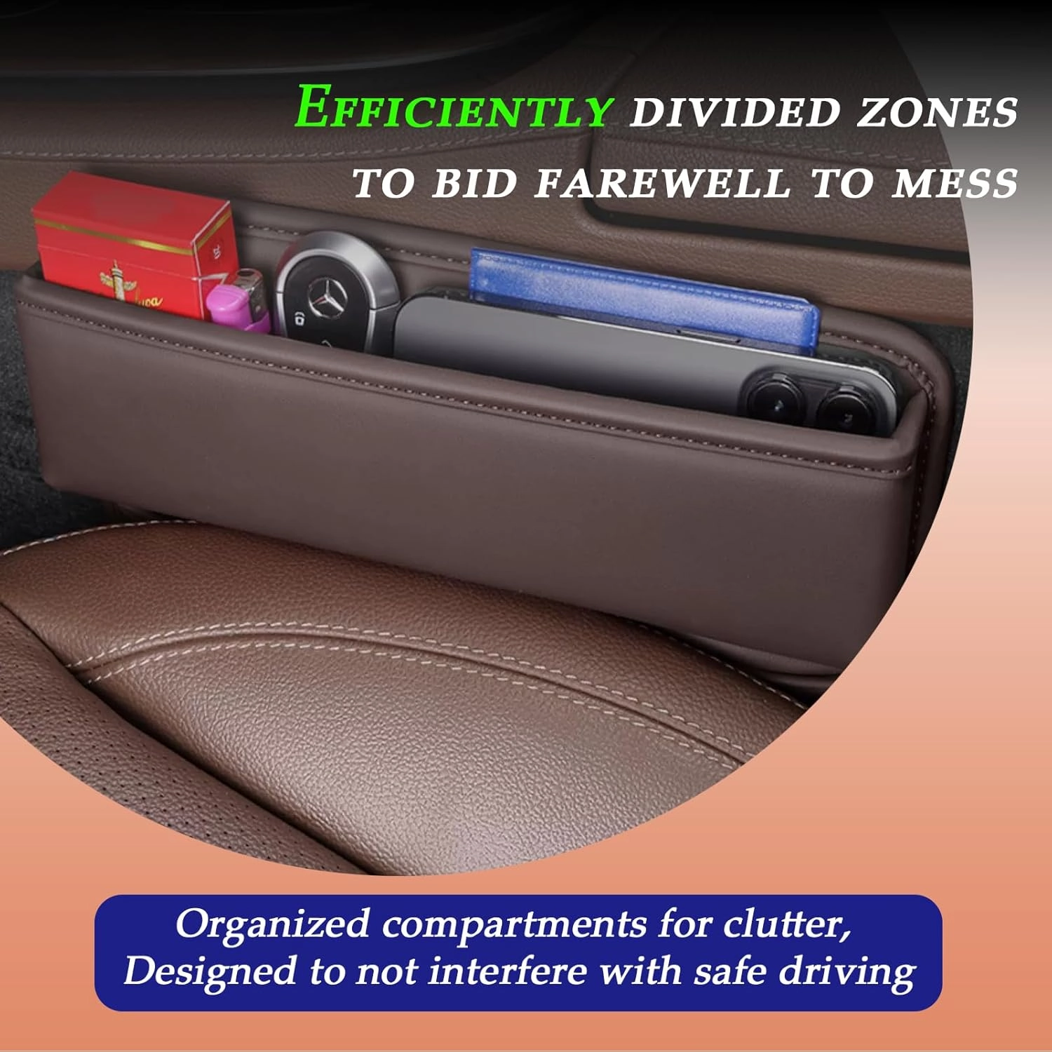 Car Seat Gap Filler, Leather Car Seat Gap Organizer,Front Car Seat Storage Box for Phones,Keys,Cards,Sunlasses,fit for Driver/Passenger Seat，Storage Size: L10.63”×W2”×H3.9”(Brown，2 Pack)