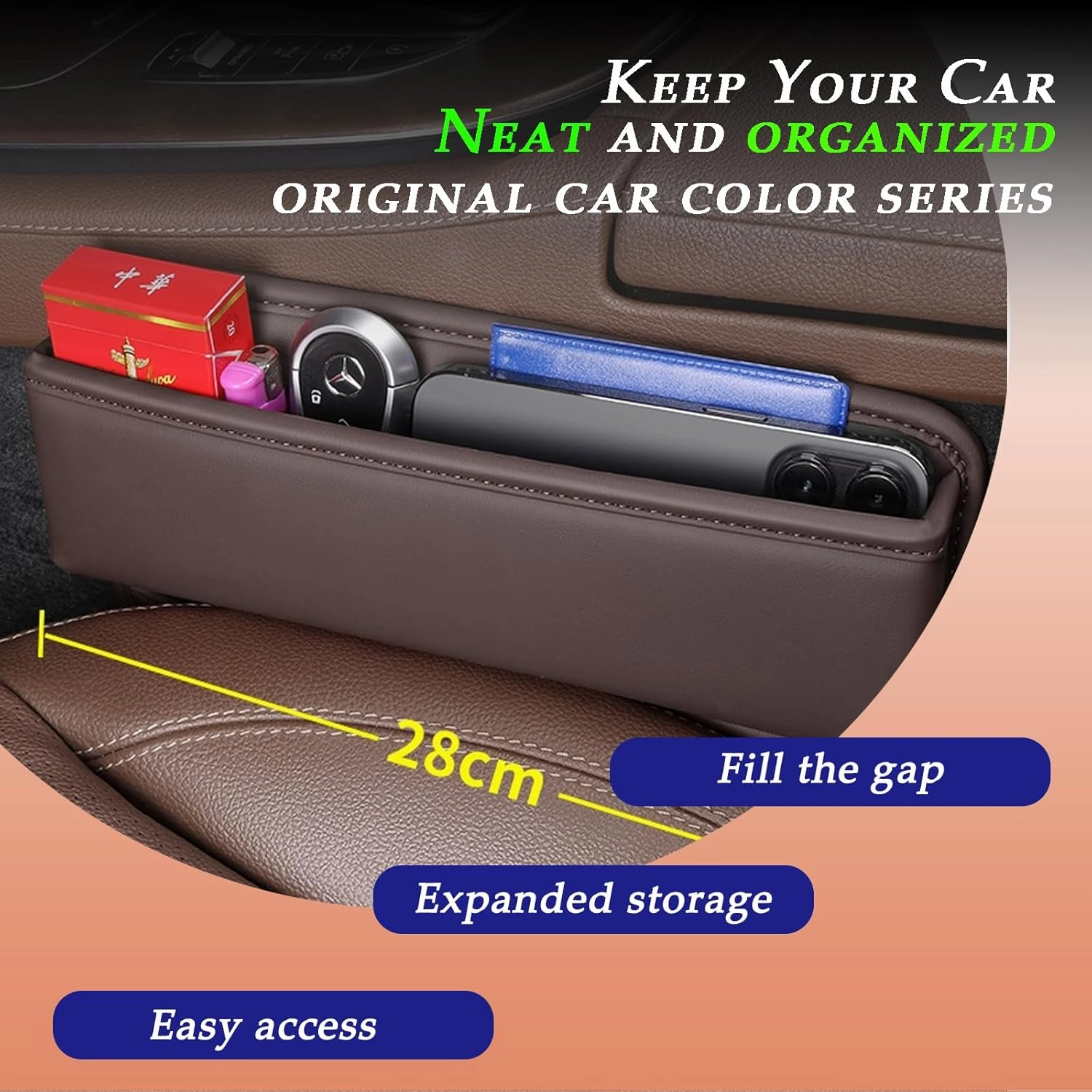 Car Seat Gap Filler, Leather Car Seat Gap Organizer,Front Car Seat Storage Box for Phones,Keys,Cards,Sunlasses,fit for Driver/Passenger Seat，Storage Size: L10.63”×W2”×H3.9”(Brown，2 Pack)