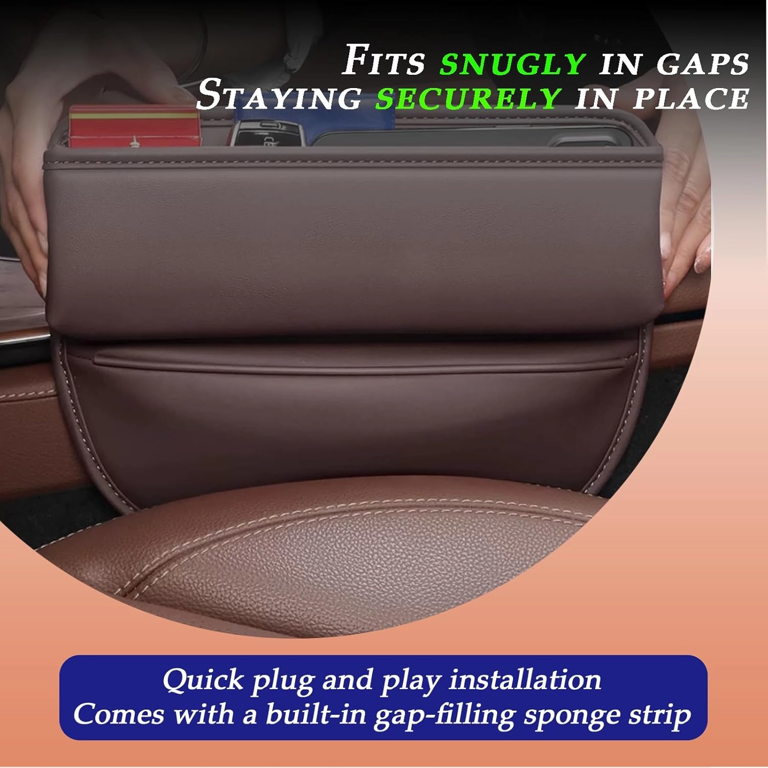 Car Seat Gap Filler, Leather Car Seat Gap Organizer,Front Car Seat Storage Box for Phones,Keys,Cards,Sunlasses,fit for Driver/Passenger Seat，Storage Size: L10.63”×W2”×H3.9”(Brown，2 Pack)