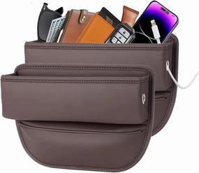Car Seat Gap Filler, Leather Car Seat Gap Organizer,Front Car Seat Storage Box for Phones,Keys,Cards,Sunlasses,fit for Driver/Passenger Seat，Storage Size: L10.63”×W2”×H3.9”(Brown，2 Pack)