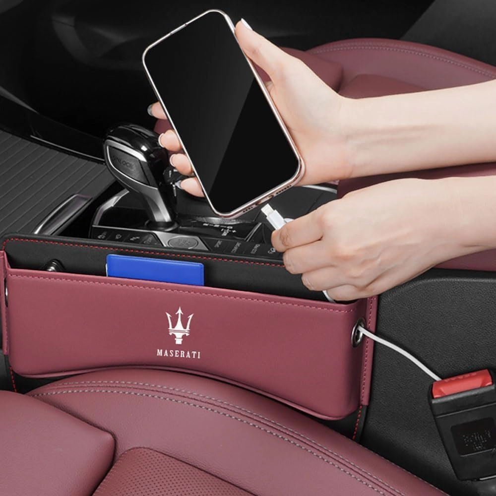 Car Seat Storage Box for Maserati Bora/Indy/Khamsin/Merak/Kyalami Series Car Seat Gap Organizer Seat Side Bag Reserved Charging Cable Hole Car Accessories,One Piece-Red