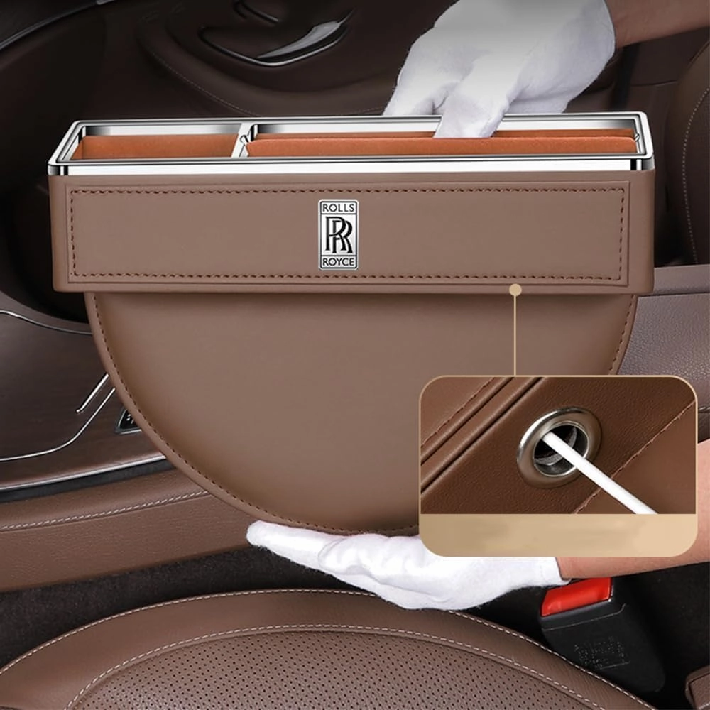 Car Seat Storage Box for Rolls-Royce Phantom Ghost Cullinan Wraith Dawn Series Car Seat Gap Organizer Seat Side Bag Reserved Charging Cable Hole Car Accessories,Brown