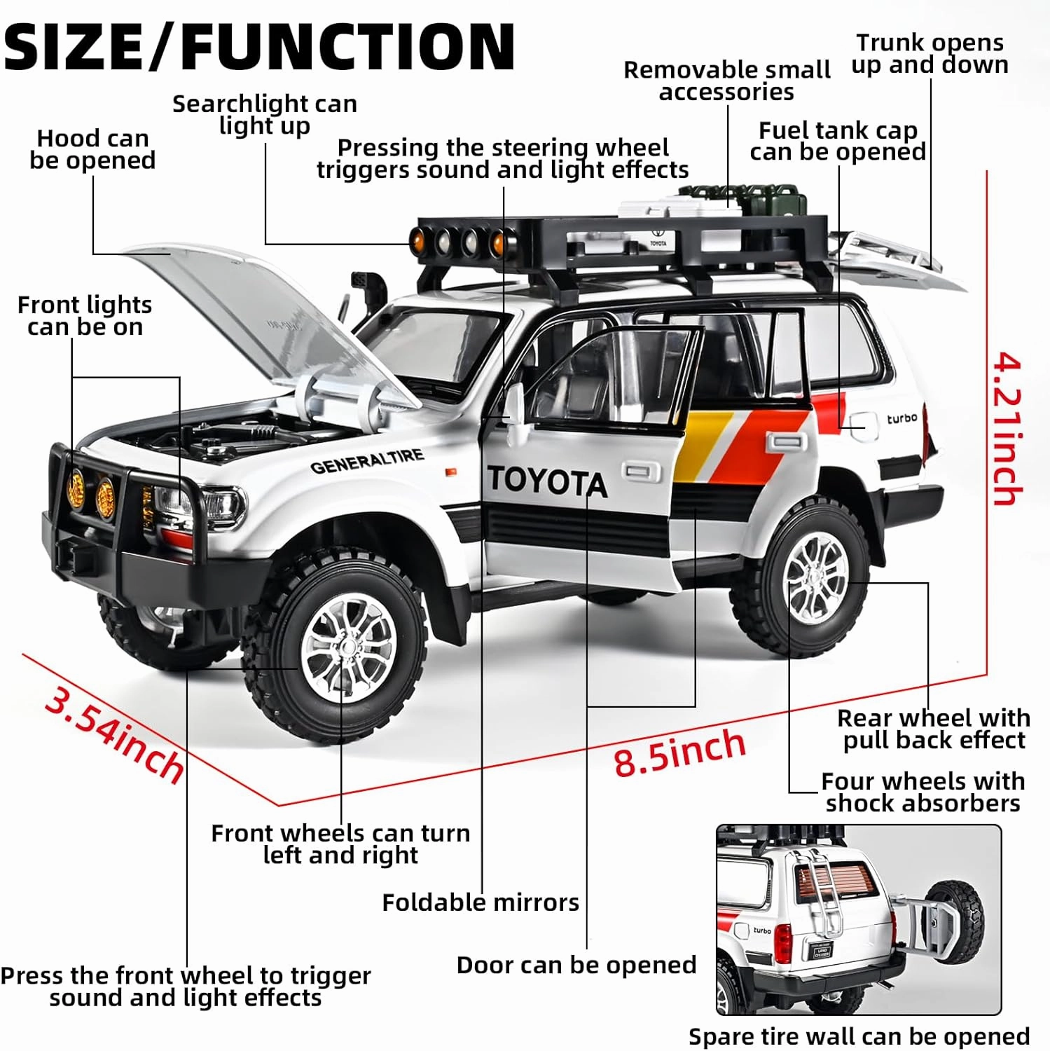 Cars for Boys 1/24 Diecast Car Land Cruiser LC80 Model,Pull Back Cars with Light and Sound,Die Cast Metal Landcruiser Car Model Collectible,Cars for Kids Ages 4-8（White）