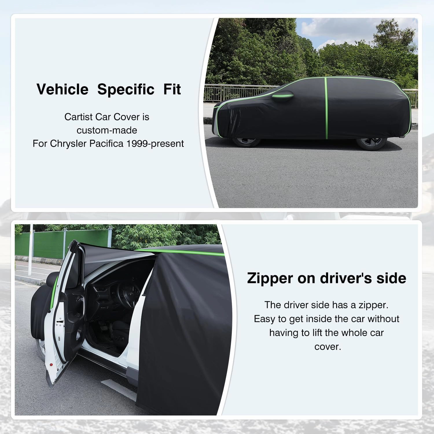 Cartist Full Car Cover Fits for Chrysler Pacifica 1999-2024 2025 Accessories All Weather Car Covers Outdoor for Pacifica Waterproof Anti UV with Zipper & Reflective Safety Strips