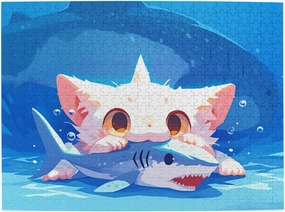 Cat Eating Fish Jigsaw Puzzle 500 Piece for Adults & Kids, Wall Hanging Puzzles Intellectual Decompressing Fun Family Game Large Puzzle Game Toys Gifts