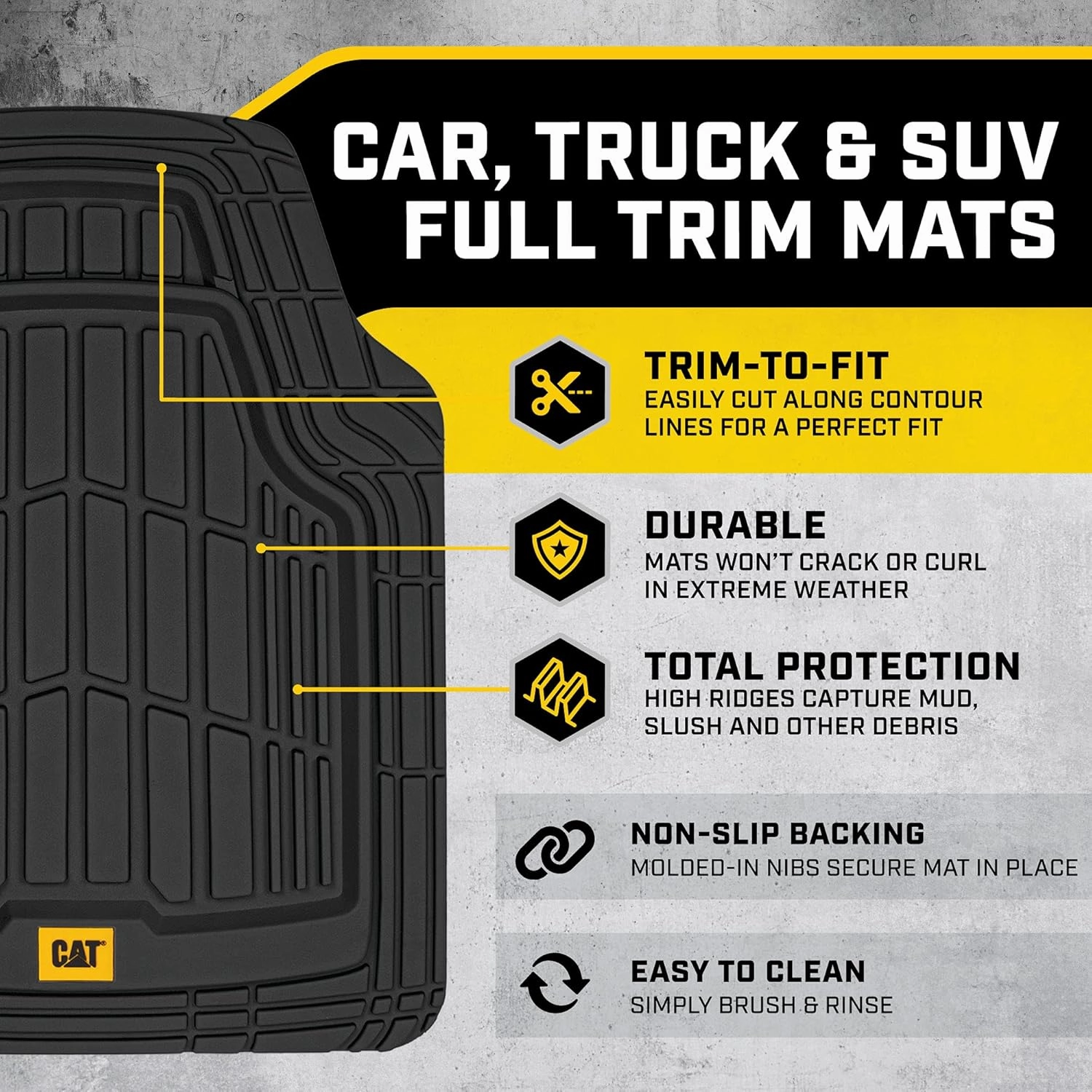 CAT® ToughRide™ Heavy-Duty 4 Piece Black Floor Mats for Cars - Trim to Fit All-Weather Rubber Car Mats Full Set - Truck Mats & Car Floor Mats - Interior Accessories for SUVs & Car Rug Protection