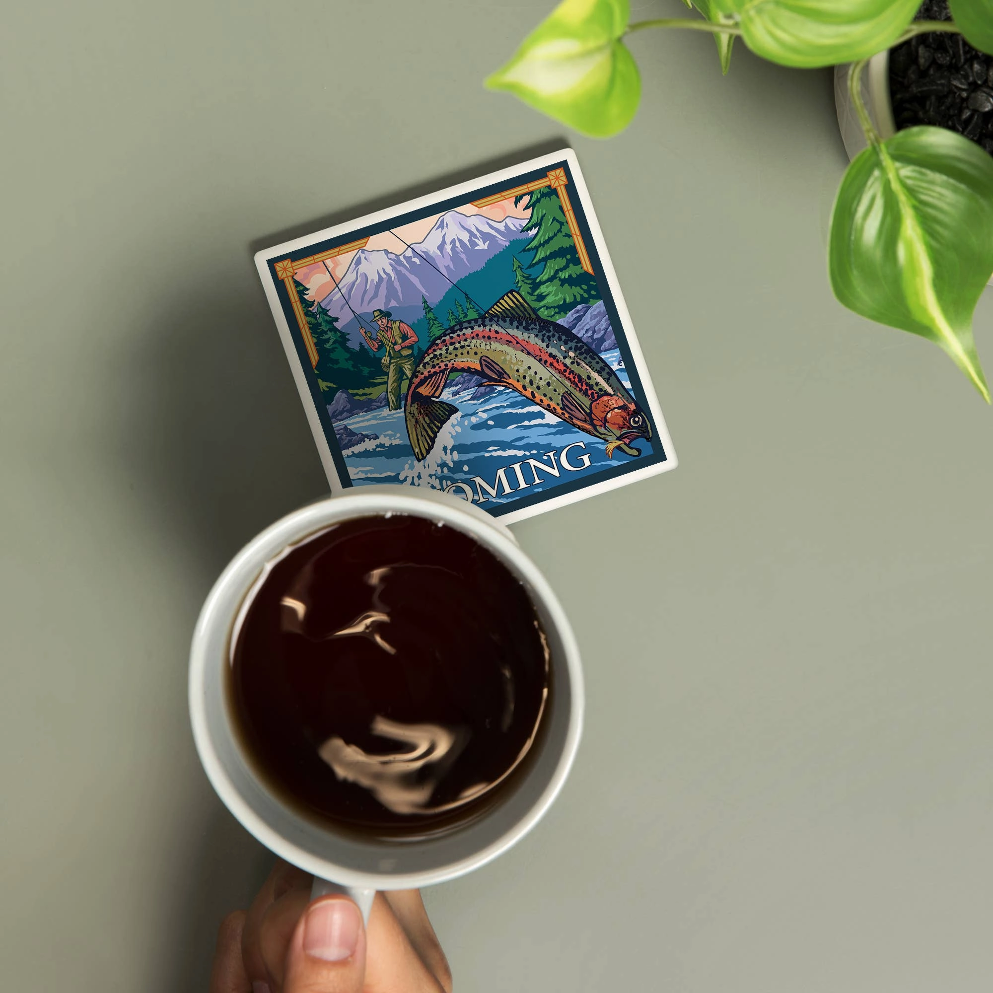 Ceramic Coaster Wyoming, Fly Fishing Scene