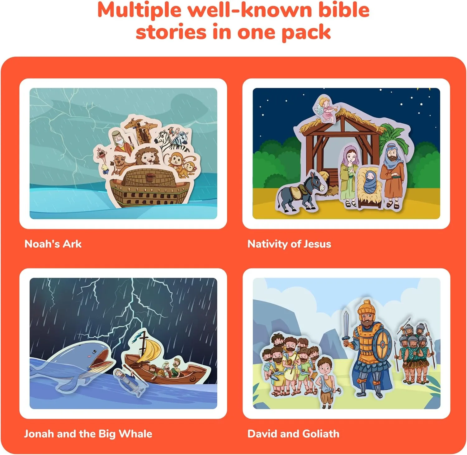 CHEFAN 4 Pack Felt Board Bible Stories Set, Flannel Board Stories Include Noah's Ark, Jonah and The Whale, David and Goliath, The Nativity of Jesus, 50 pcs Precut Flannel Graph Bible Toys for Kids