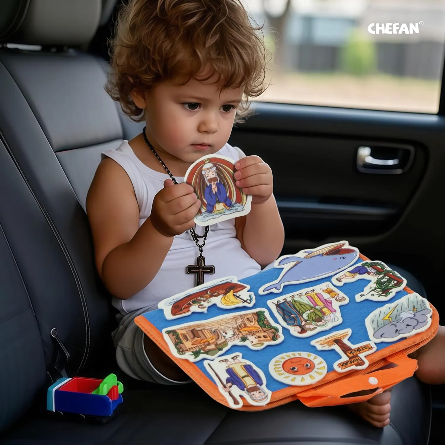 CHEFAN 4 Pack Felt Board Bible Stories Set, Flannel Board Stories Include Noah's Ark, Jonah and The Whale, David and Goliath, The Nativity of Jesus, 50 pcs Precut Flannel Graph Bible Toys for Kids