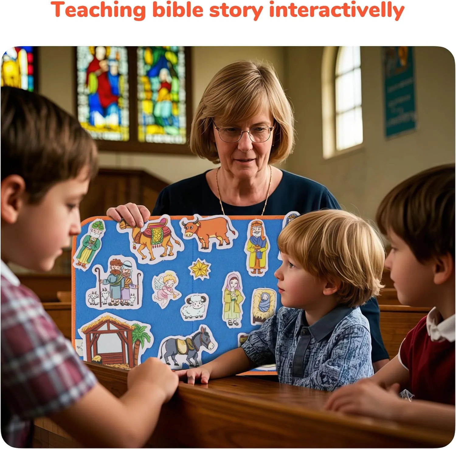 CHEFAN 4 Pack Felt Board Bible Stories Set, Flannel Board Stories Include Noah's Ark, Jonah and The Whale, David and Goliath, The Nativity of Jesus, 50 pcs Precut Flannel Graph Bible Toys for Kids