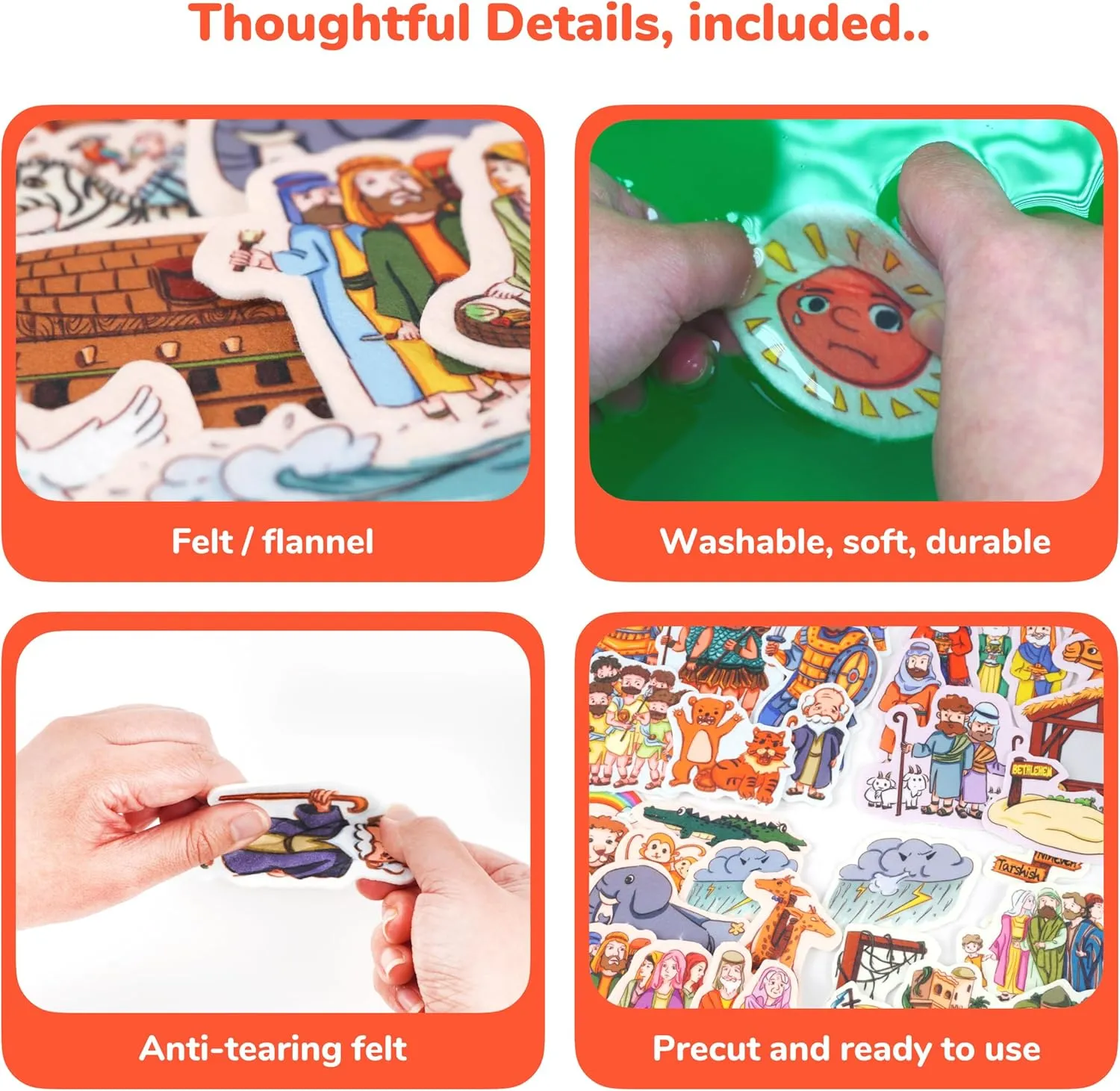 CHEFAN 4 Pack Felt Board Bible Stories Set, Flannel Board Stories Include Noah's Ark, Jonah and The Whale, David and Goliath, The Nativity of Jesus, 50 pcs Precut Flannel Graph Bible Toys for Kids