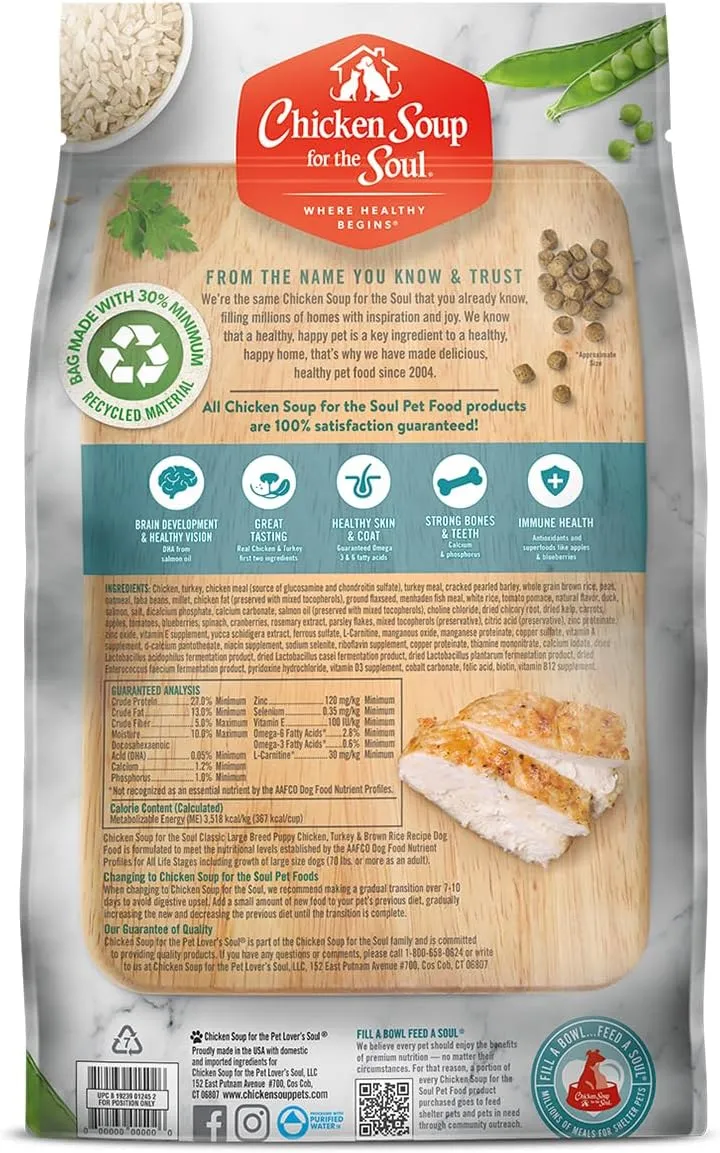Chicken Soup For The Soul Classic Dry Large Breed Puppy Food, Chicken, Turkey & Brown Rice Recipe, 28 Pound Bag | Soy Free, Corn Free, Wheat Free, Dry Dog Food Made with Real Ingredients