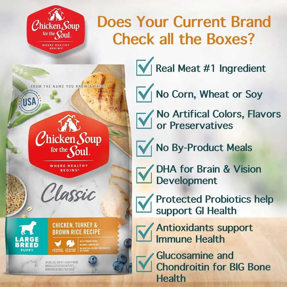 Chicken Soup For The Soul Classic Dry Large Breed Puppy Food, Chicken, Turkey & Brown Rice Recipe, 28 Pound Bag | Soy Free, Corn Free, Wheat Free, Dry Dog Food Made with Real Ingredients