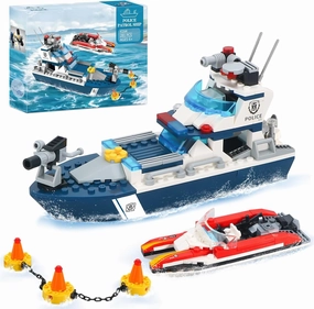 City Police Patrol Boat Building Blocks with Race Boat, Coast Guard Ship Cop Chase Crook Boat Building Toys, Police Toy Gift for Boys Kids Aged 6-12, 281 Pieces