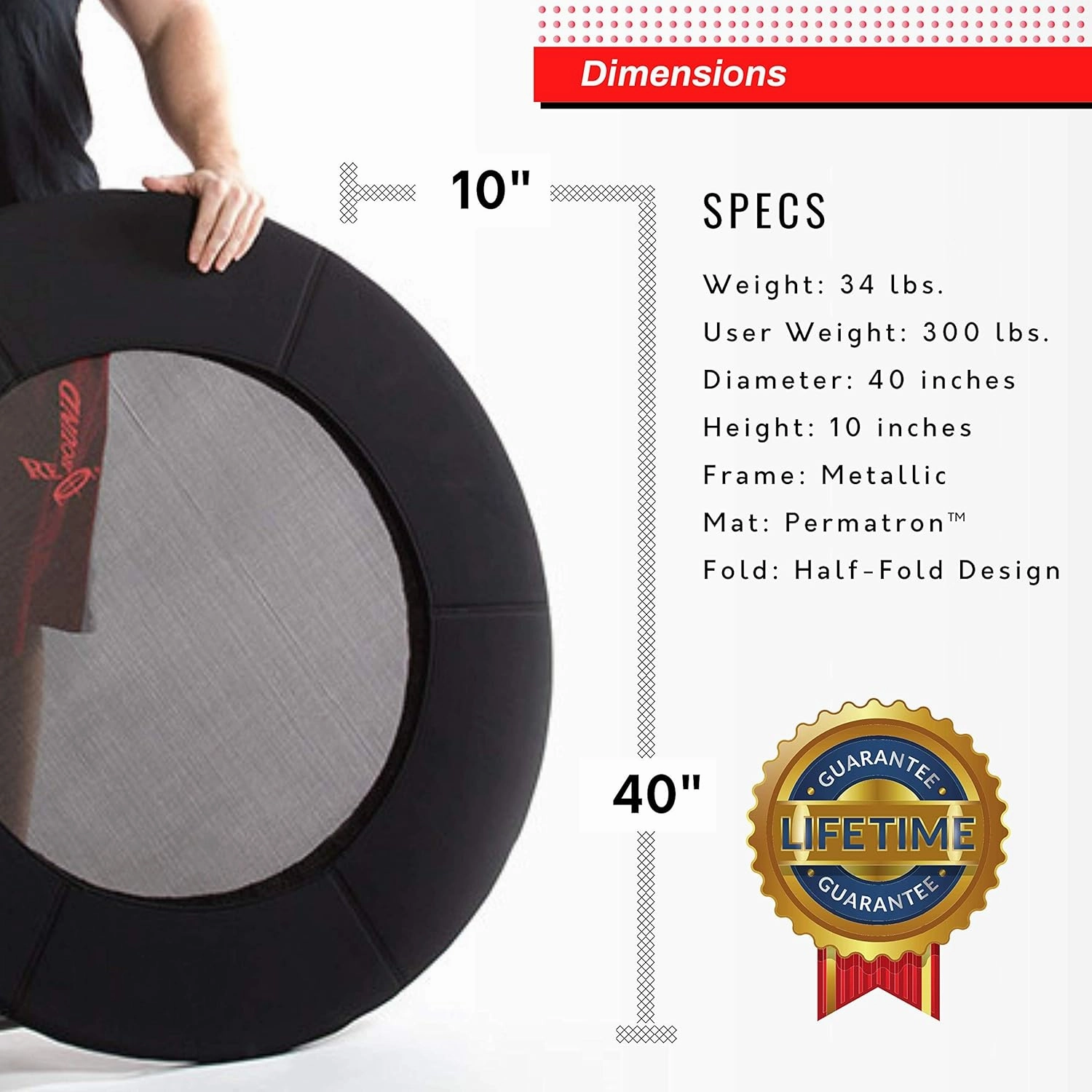 Classic Rebounder by Rebound Air | Foldable Mini Fitness Trampoline for Adults & Kids | Half-Fold Design w/Heavy Duty Springs for Indoor/Outdoor Exercise | Includes Case